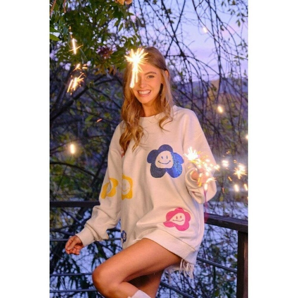 Happy Days French Terry Sequin Pullover Sweatshirt in White - Picture 4 of 5